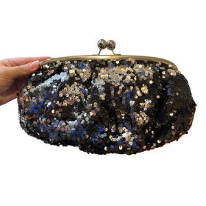 Mossimo Black & Gold Sequined Clutch Bag With Silver Frame & Kiss Lock Closure